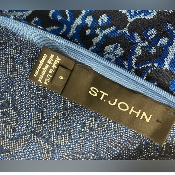 St. John Blue Tones Brocade Graphic Short-Sleeve Knit Dress - Picture 7 of 7